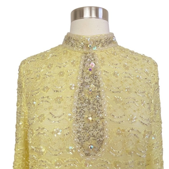 Vintage 50’s Yellow Beaded Lace Mock Neck Long Sleeve Shift Dress Size M/L - Picture 6 of 13